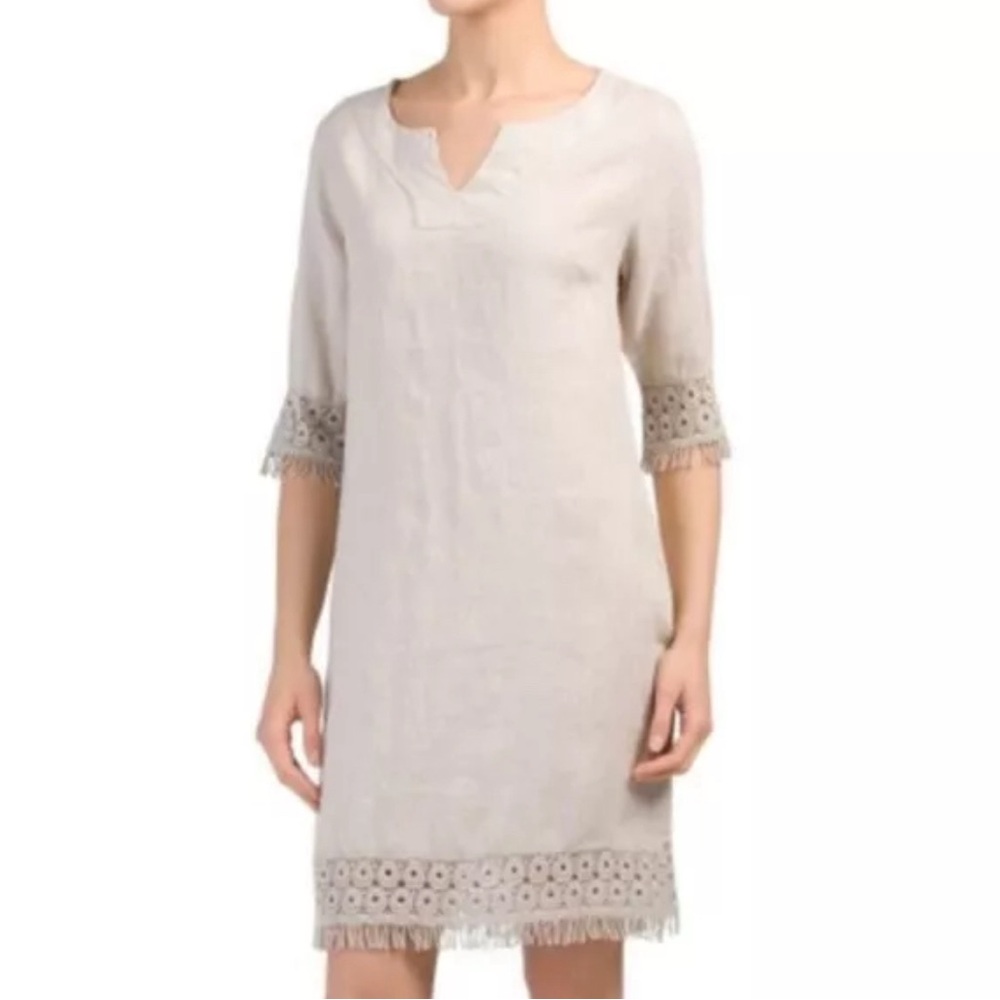 Womens Linen Dress Tunic Size M 3/4 Sleeve Crochet Lace Fringe‎ Lagenlook Luxe